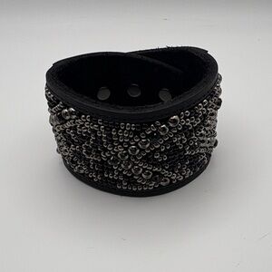 Black and Silver Beaded Leather Cuff Bracelet
